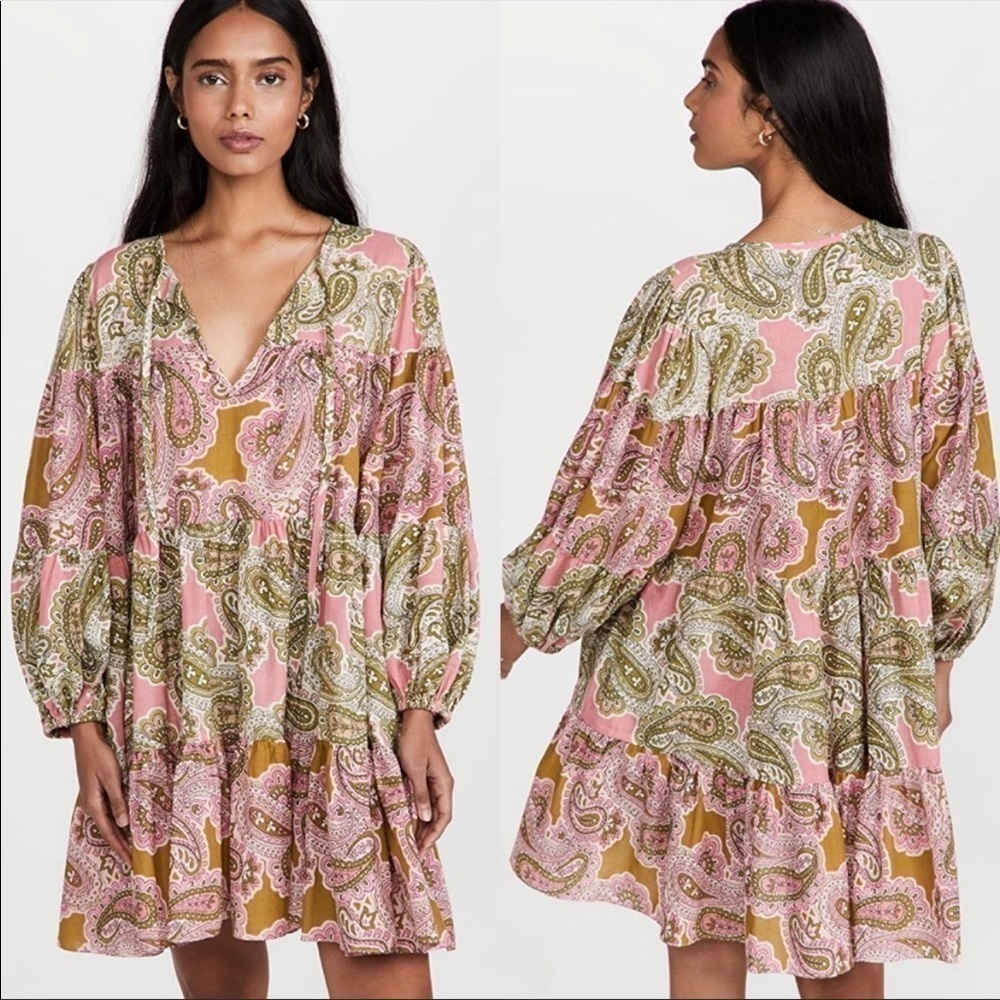 Charina Sarte Green pink tiered Paisley print Nara swing dress S NWT